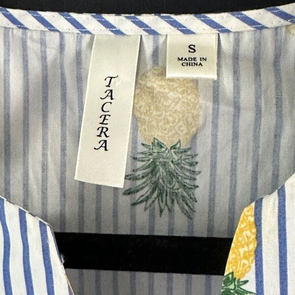 Tacera blue and white striped bell sleeve top with yellow and green pineapples - Picture 3 of 7